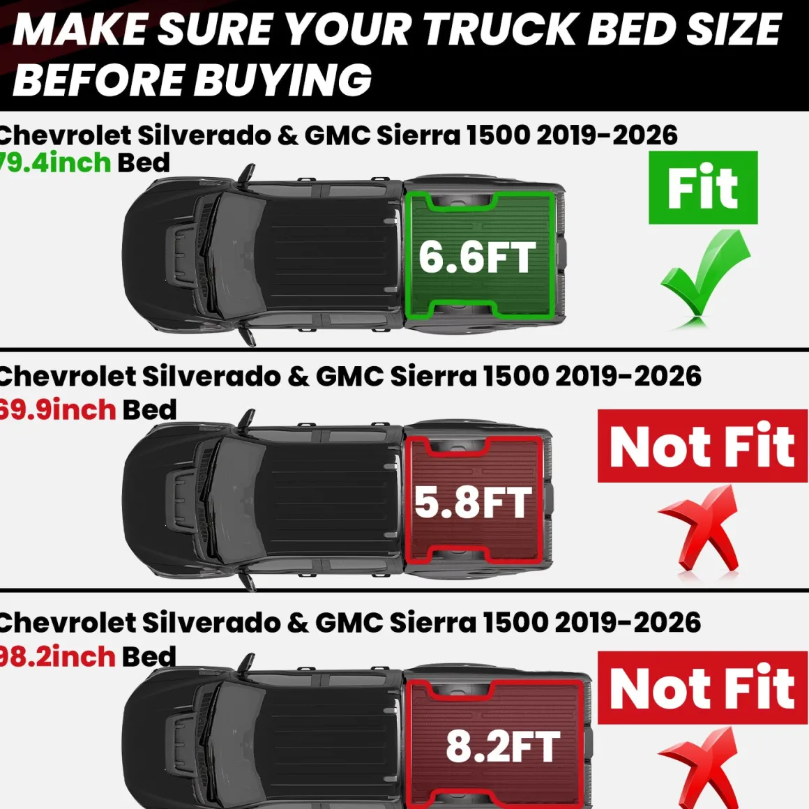 Fit for 2019-2026 Chevrolet Silverado 1500 Truck Bed Mat or Tailgate Mat, Not for 2019 Silverado LD