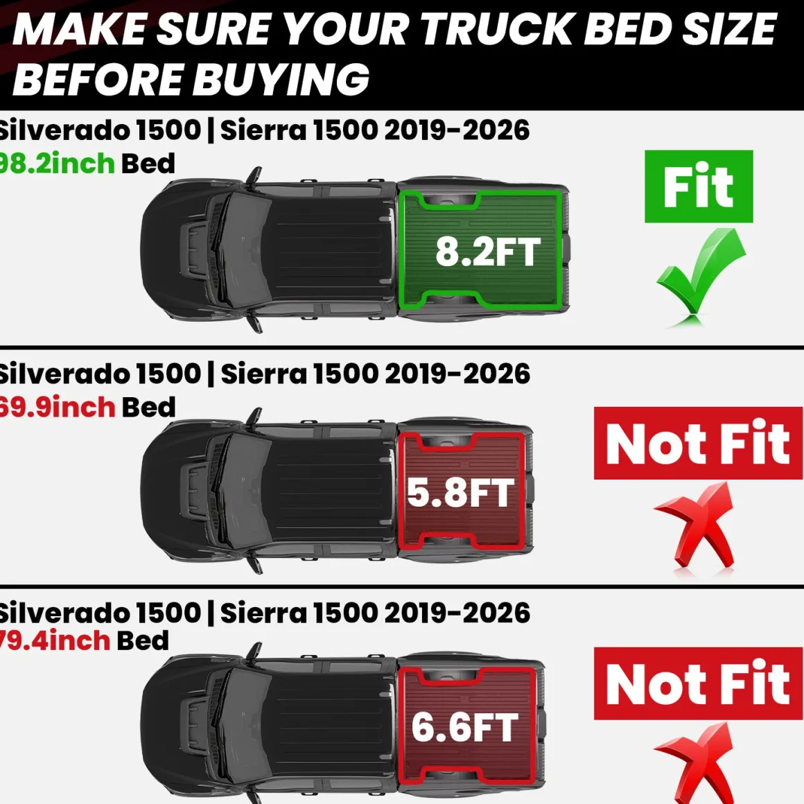 Fit for 2019-2026 Chevrolet Silverado 1500 Truck Bed Mat or Tailgate Mat, Not for 2019 Silverado LD
