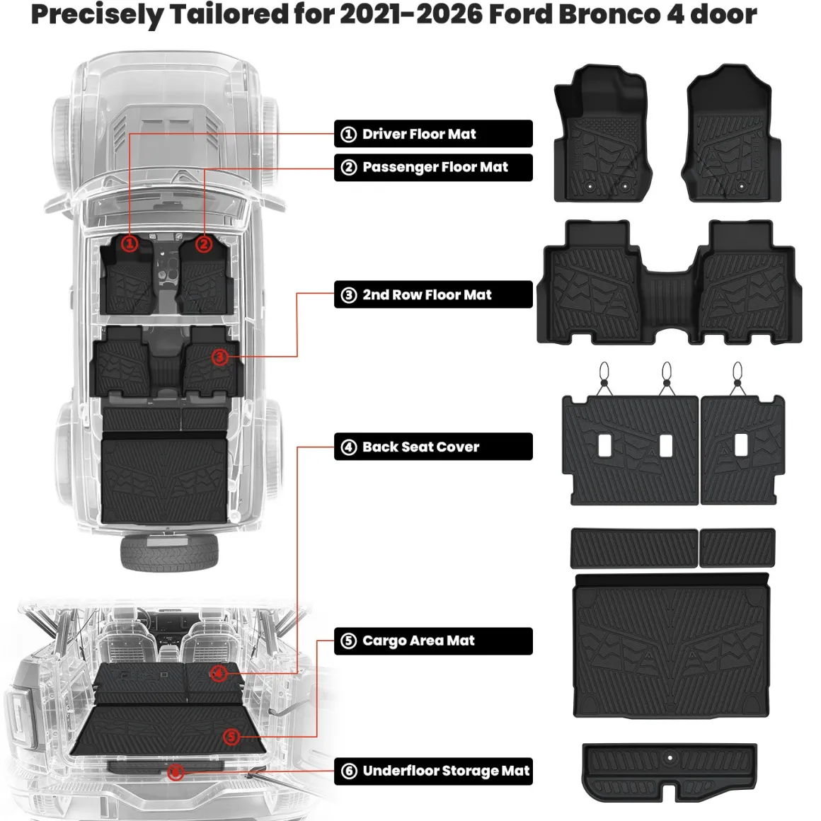 Fit for 2021-2026 Ford Bronco Custom Floor Mats or Cargo Mat, Not For Sport, Fit 4-Door & Not Rubberized Flooring
