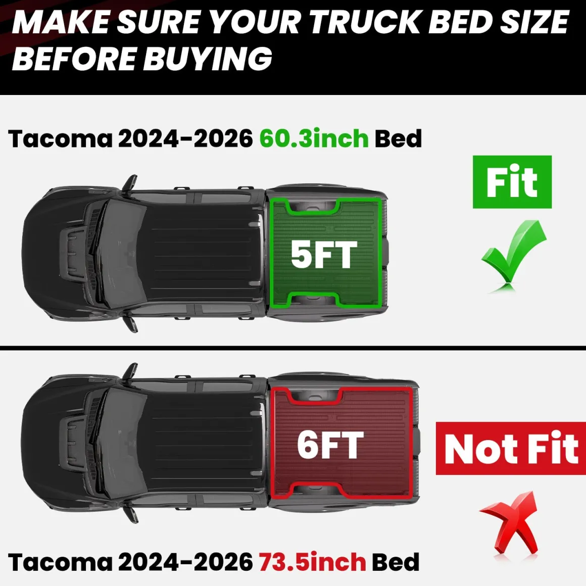 Fit for 2024-2026 Toyota Tacoma 5FT or 6FT Heavy Duty Truck Bed Mat or Tailgate Mat