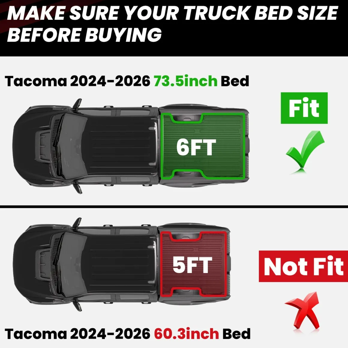 Fit for 2024-2026 Toyota Tacoma 5FT or 6FT Heavy Duty Truck Bed Mat or Tailgate Mat