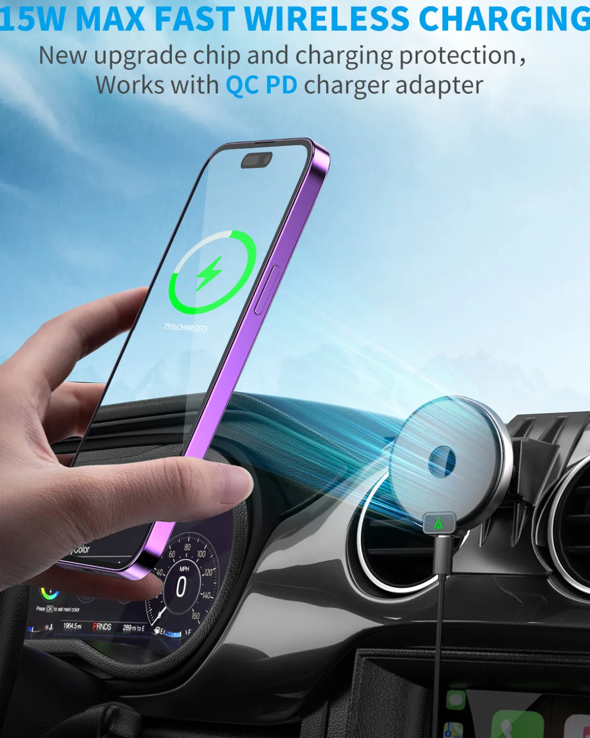 Magnetic Wireless Car Charger, Specific Phone Mount for Ford Mustang 2015-2021, 15W Max Fast Charging for iPhone 14 13 12 Series Compatible with MagSafe Case