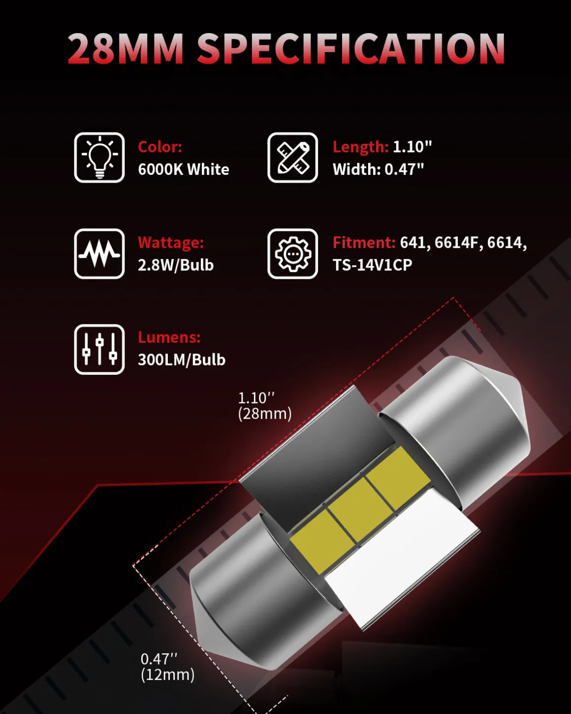 28MM DE3021 DE3022 LED Dome Map Trunk Cargo Light Bulb, 2 Bulbs
