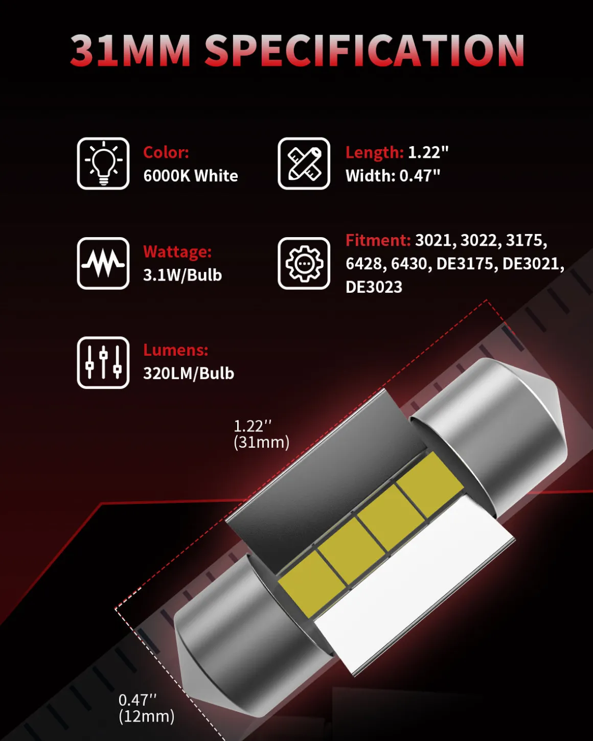31MM DE3175 DE3021 6428 LED Interior Door Courtesy Luggage Compartment Light Bulb, 2 Bulbs