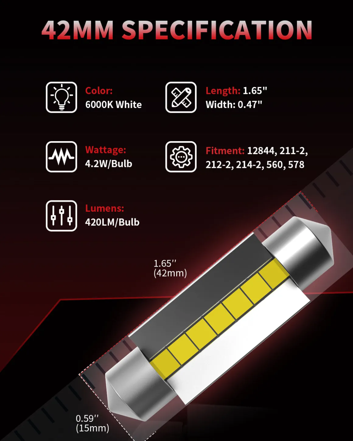 42MM 211-2 578 212-2 LED Dome Map Trunk License Plate Light Bulb, 2 Bulbs