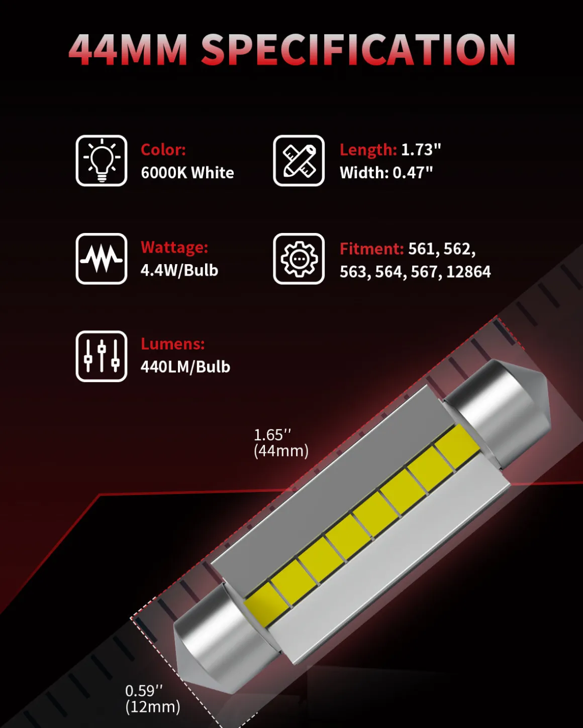 44MM 561 562 569 579 LED Dome Trunk Cargo License Plate Light Bulb, 2 Bulbs